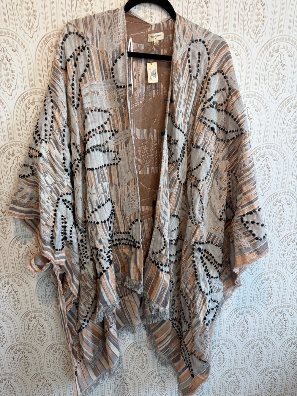 NWT World Market Duster/Kimono. Cotton / Viscose. Tan Light Blue Embroidered - Picture 2 of 8